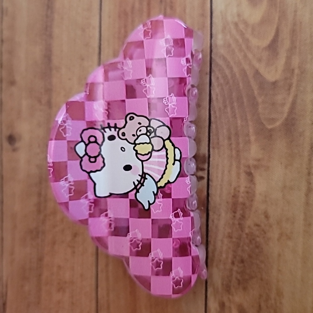 Hello Kitty with Wings and Teddy Bear Pink Checkered Hair Claw Clip Accessory